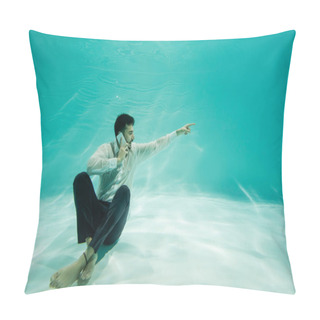 Personality  Smiling Muslim Businessman Talking On Smartphone And Pointing With Finger Near Bottom Of Swimming Pool  Pillow Covers