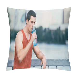 Personality  Tired Sportsman Standing On Bridge And Drinking Water From Sports Bottle Pillow Covers