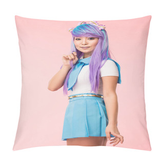 Personality  Pretty Asian Anime Girl In Wig Looking At Camera On Pink Pillow Covers
