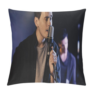 Personality  Tattooed Man Singing In Microphone Near Blurred Musician On Stage Pillow Covers