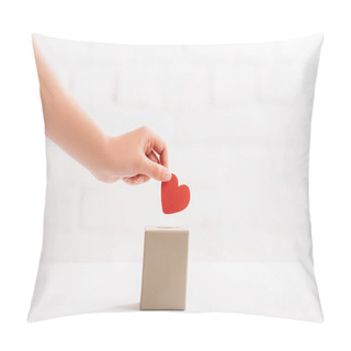 Personality  Cropped View Of Female Hand Putting Red Heart In Box On White Background, Donation Concept Pillow Covers