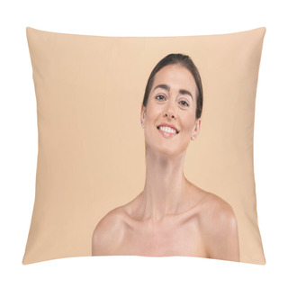 Personality  Happy Young Woman With Naked Shoulders Smiling At Camera Isolated On Beige, Beauty Concept Pillow Covers