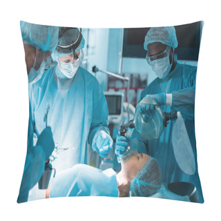 Personality  African American Anesthetist Holding Oxygen Mask Above Patient In Operating Room Pillow Covers