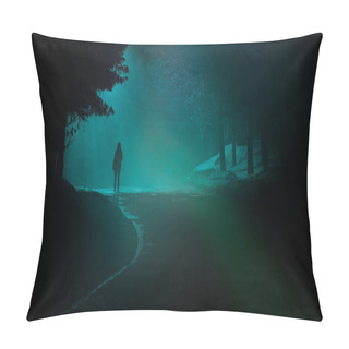 Personality  A Person Walk Into The Misty Foggy Road In A Dramatic Mystic Scene. Mysterious Alone Woman Walking In The Mist. Banner With Copy Space For Text. Pillow Covers