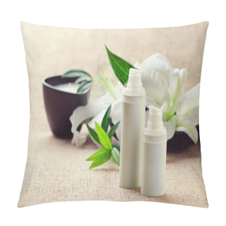 Personality  Face/body Care Concept: Bottles Of Creams/lotions/serums With Wh Pillow Covers