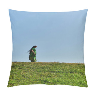 Personality  Summer, Ethnic Heritage, Young Indian Woman Under Blue Cloudless Sky In Green Field Pillow Covers