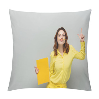 Personality  Woman With Pencil Between Nose And Lips Pointing Up With Finger On Grey Pillow Covers