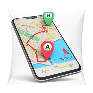 Personality  Creative Abstract GPS Satellite Navigation, Travel, Tourism And Location Route Planning Business Concept: 3D Render Illustration Of The Modern Black Glossy Touchscreen Smartphone Or Mobile Phone With Wireless Navigator City Map Service Internet Appli Pillow Covers