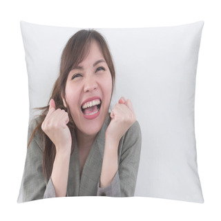 Personality  Excited Woman Shouting, Screaming With Surprise And Interest; Portrait Of Surprised Excited Asian Woman With Exciting, Oh, Uh, Ah, Wow Interesting Expression; Asian Adult Woman Model Pillow Covers