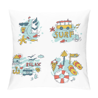 Personality  Hand Draw Icon Set Surfing Collection And Summer Holiday For Your Design. Tourism And Vacation Theme. Pillow Covers