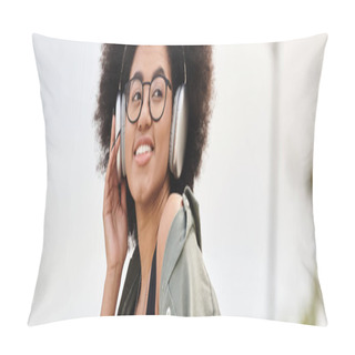 Personality  A Young Woman In A Jacket Listens To Music Through Headphones While Embodying The Rhythm In An Urban Setting. Pillow Covers