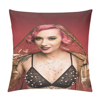 Personality  Beautiful Pink Haired Girl With Tattoos In Lingerie And Raincoat Infront Of Red Background Pillow Covers