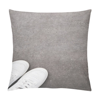 Personality  Top View Of Stylish White Shoes On Concrete Surface Pillow Covers