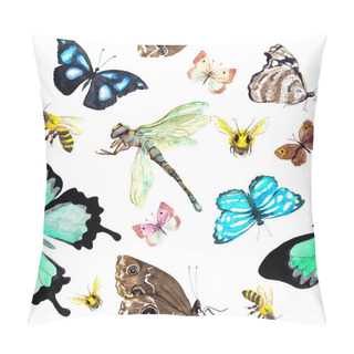 Personality Insects - Butterflies, Bees, Dragonfly. Seamless Background With Exotic Butterfly. Watercolor Pillow Covers