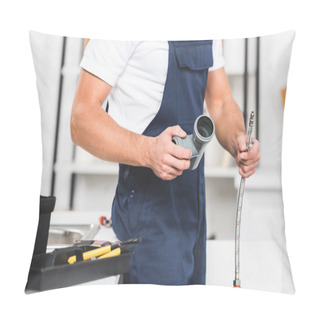 Personality  Cropped View Of Repairman Holding Pipes For Repairing Kitchen Faucet Pillow Covers