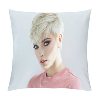 Personality  Beauty Portrait Of Fashion Blond Model In Messy Short Hair Pillow Covers