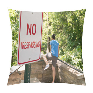 Personality  Young Woman Attempt To Jump Over Railing Into Restricted Area Labelled By No Trespassing Sign. Private Property Deep Woods And Forest Area Illegal To Walk Past Signage Pillow Covers