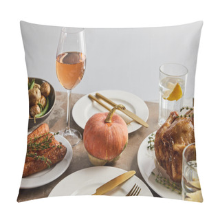 Personality  Thanksgiving Day Dinner With Baked Vegetables, Grilled Turkey And Glasses With Rose Wine And Lemon Water Isolated On Grey Pillow Covers