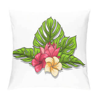 Personality  Tropical Collection With Exotic Flowers And Carved Leaves In Cartoon Style. Vector Illustration For Design Isolated On White Background. Pillow Covers