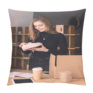 Personality  Portrait Of Beautiful Entrepreneur Packing Products For Customers In Cardboard Boxes At Home Office Pillow Covers