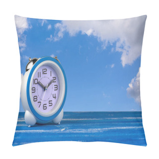 Personality  White Alarm Clock Stands On A Blue Board Against A Blue Sky With Clouds. Pillow Covers