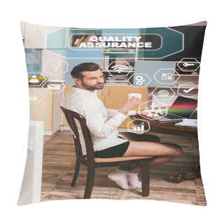 Personality  Selective Focus Of Handsome Man In Shirt And Panties Using Laptop And Holding Cup In Living Room, Quality Assurance Illustration Pillow Covers