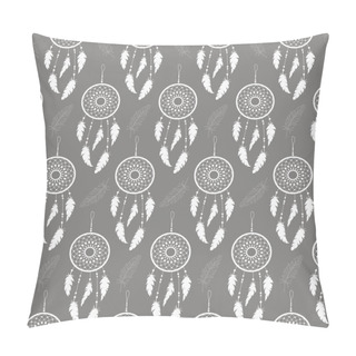 Personality  Seamless Background Of White Feathers And Dream Catchers On A Colored Background. Pattern. Pillow Covers