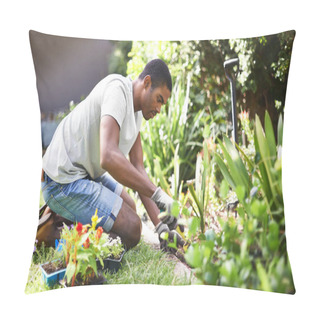 Personality  Rooting Out The Problem. Cropped Shot Of A Handsome Young Man Gardening. Pillow Covers