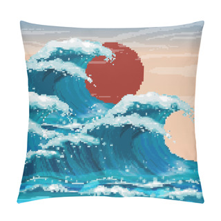 Personality  Pixel Art Of Asian Illustration Of Ocean Waves And Sun. Japanese Waves, Motif. Pixel Art 8 Bit. Pillow Covers