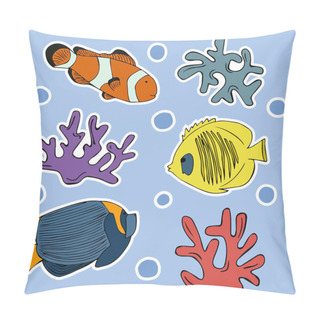 Personality  Vector Set Illustration Stickers Fishes- Red Clown Fish, Yellow Butterfly Fish, Blue Angel Fish With Corals And Bubbles On Blue Background Pillow Covers
