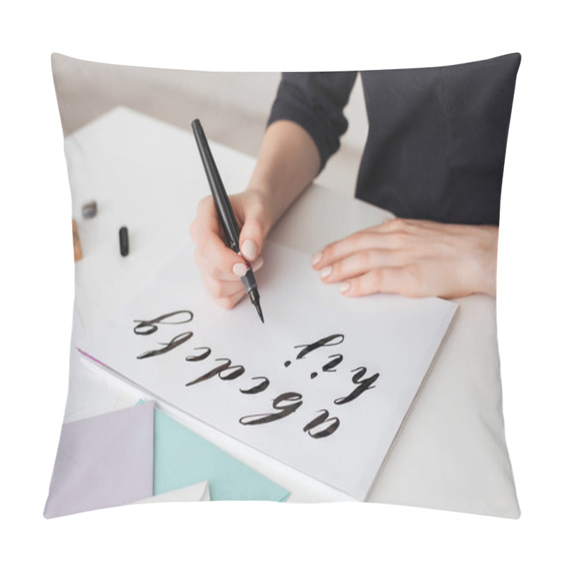 Personality  Portrait Of Young Woman Hands Writing Alphabet On Paper On Desk  Isolated Pillow Covers