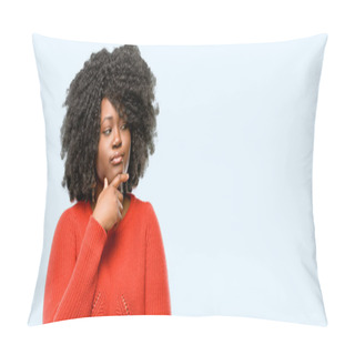 Personality  Beautiful African Woman Doubt Expression, Confuse And Wonder Concept, Uncertain Future, Blue Background Pillow Covers