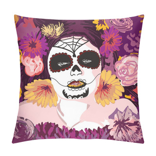 Personality  Young Pretty Mexican Sugar Skull Girl Y With Flowers In Her Hair Pillow Covers