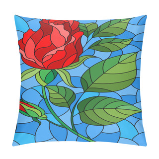 Personality  Illustration In Stained Glass Style Flower Of Red Rose On A Blue Background Pillow Covers