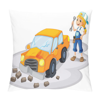 Personality A Girl Fixing A Broken Car Pillow Covers