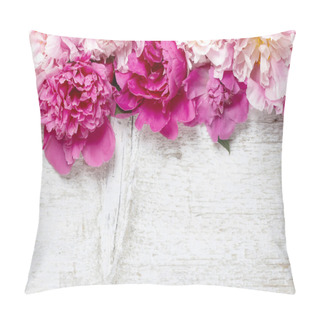 Personality  Stunning Pink Peonies On White Rustic Wooden Background. Copy Sp Pillow Covers