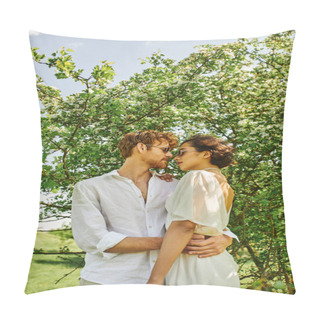 Personality  Happy Multiethnic Newlyweds In Sunglasses And Wedding Gown Hugging In Countryside, Boho Style Pillow Covers