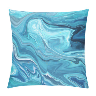 Personality  Abstract Realistic Liquid Paint Marbling Effect, Fluid Art Technique Of Splashes, Drops And Strokes Of Paint With Pieces Of Gold. Blue Texture For Wallpaper, Covers, Wrapper, Fabric And Packaging. Pillow Covers