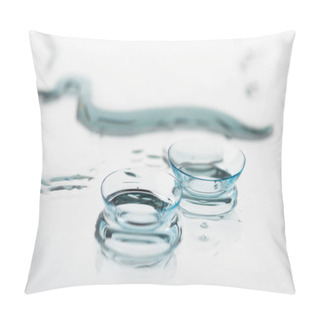 Personality  Two Contact Lenses With Reflection On Glass Table Pillow Covers