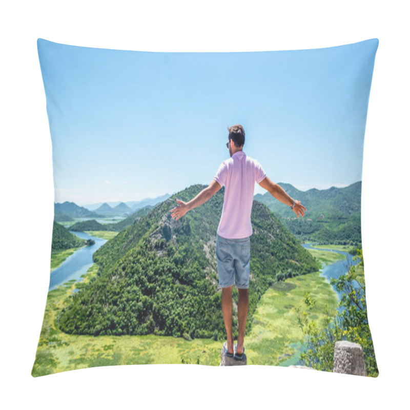 Personality  Back View Of Man In Pink Shirt Standing On Stone Of Viewpoint Near Crnojevica River In Montenegro Pillow Covers