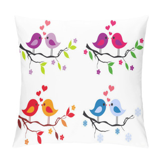 Personality  Cute Birds With Red Hearts On Tree, Vector Set Pillow Covers