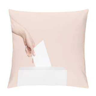 Personality  Civilized Equal Rights Concept. Female Hand Lowers Ballot In Ballot Box On Light Suntan Peach Background Pillow Covers
