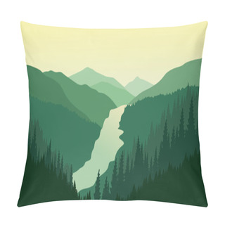 Personality  Green Mountain Landscape With The River In The Valley. Pillow Covers