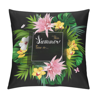 Personality  Holiday Banner With Tropical Palm, Monstera Leaves, Hibiscuses And Orchids Blooming Flowers On The Black Background. White And Gold Texture Lettering On The Summer Poster. Pillow Covers