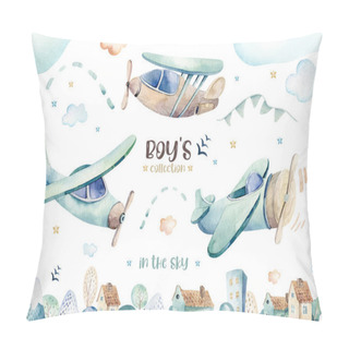 Personality  Watercolor Set Background Illustration Of A Cute And Fancy Sky Scene Complete With Airplanes, Helicopters And Balloons, Clouds. Boy Pattern. Its A Baby Shower Illustration Pillow Covers