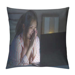 Personality  Lifestyle Portrait Of Young Beautiful And Happy Asian Korean Student Girl Watching Online Movie Or Enjoying Social Media With Laptop Computer On Bed Late At Night In Internet Addiction Concept Pillow Covers