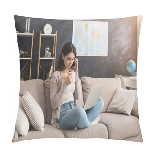 Personality  Woman With A Laptop, Talking On Mobile And Drinking Coffee Pillow Covers