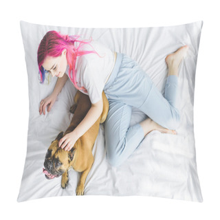 Personality  Overhead View Of Girl With Colorful Hair Playing With Dog In Bed Pillow Covers