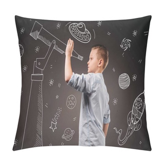 Personality  Preteen Boy Pretending To Be A Astronomer With Drawn Telescope And UFO, Planets, Spaceship And Stars Icons Pillow Covers