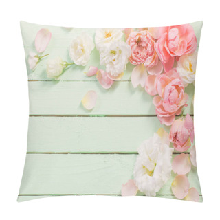 Personality  Pink And White Roses On Green Wooden Background  Pillow Covers